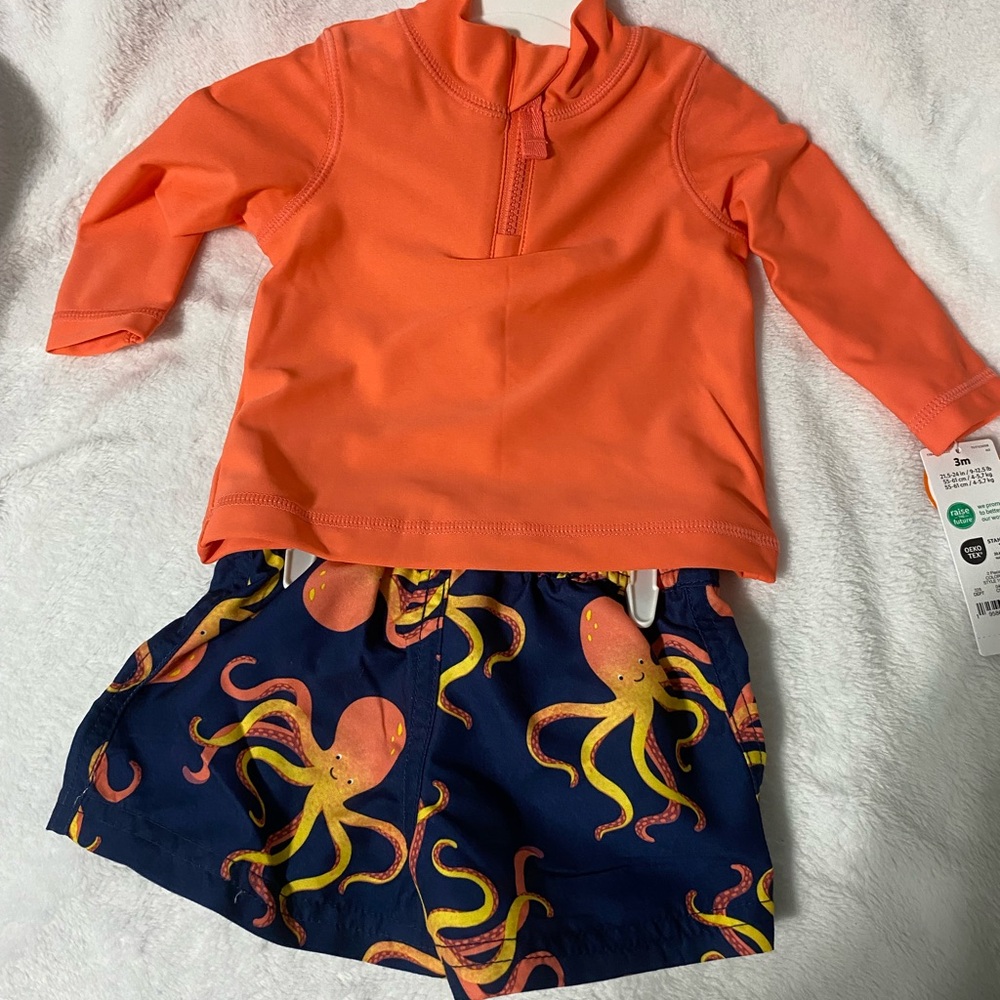 Carter's Bright Orange Rash Guard with Navy Octopus Shorts